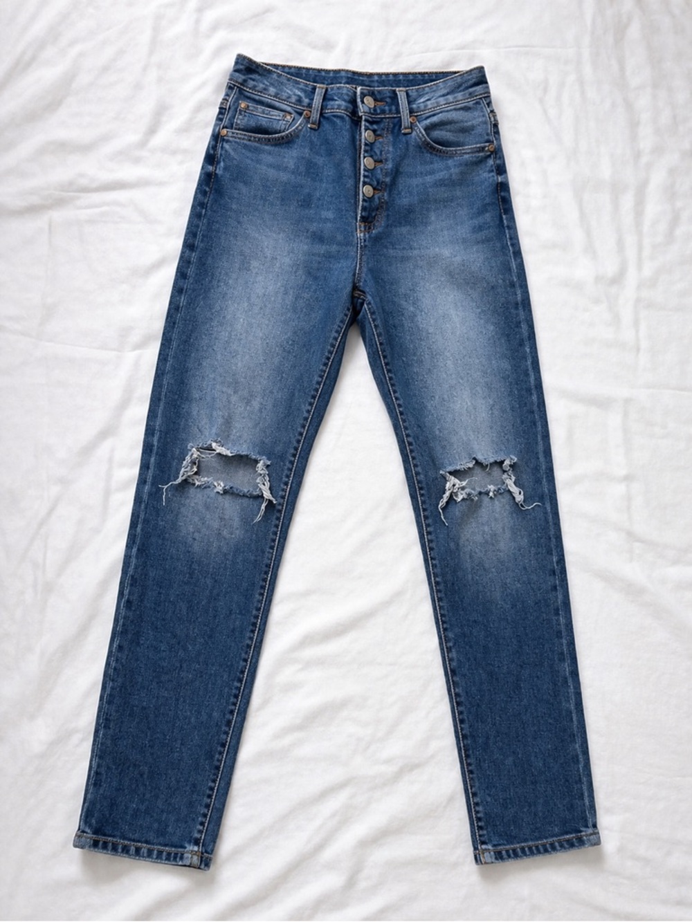 Forever 21 High-Rise Distressed Skinny Jeans - Medium Blue